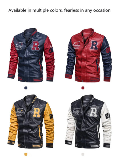 Men's PU Leather Motorcycle Jacket – Casual Pilot, Color Block