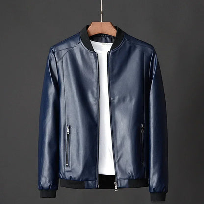 Men Black PU Leather Biker Jacket Slim Casual