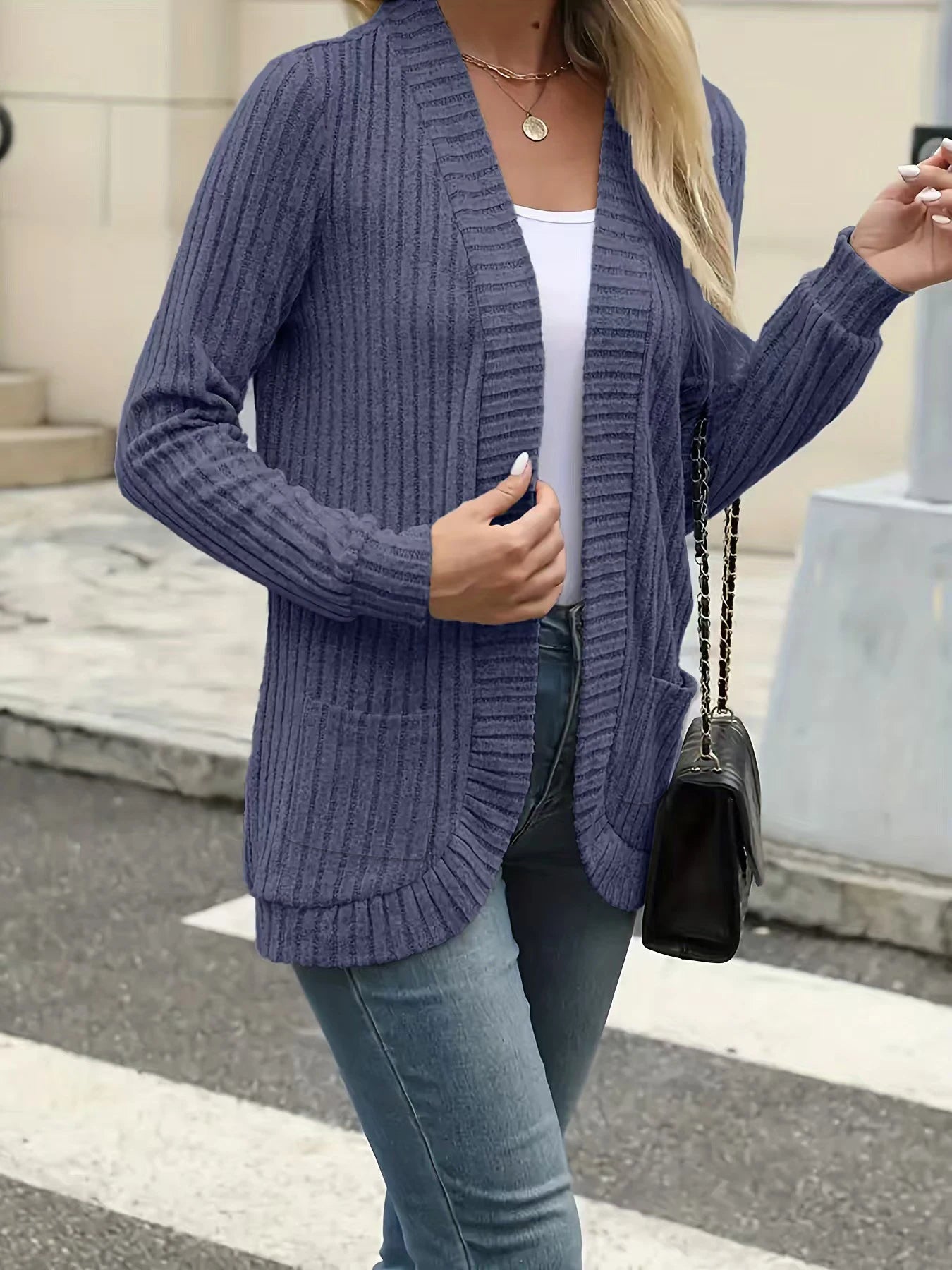 New fashion women's solid color casual pit stripe brushed cardigan jacket