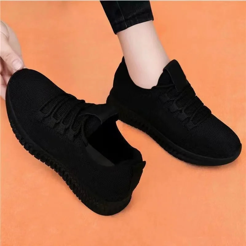 Women's Black Sneakers, Casual Platform Shoes, Breathable Running Shoes