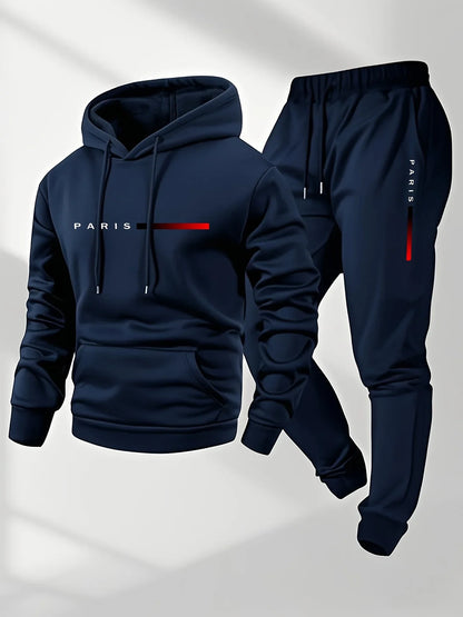 Men's Paris Letter Fleece Hoodie & Pants Set – Casual Sportswear