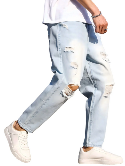 Men's Ripped Blue Loose Cropped Jeans – Autumn Harem Pants