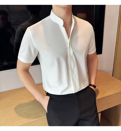 Men’s stand collar V-neck stretch shirt white fashion