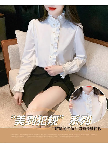 Elegant French style white women’s shirt, long sleeve top