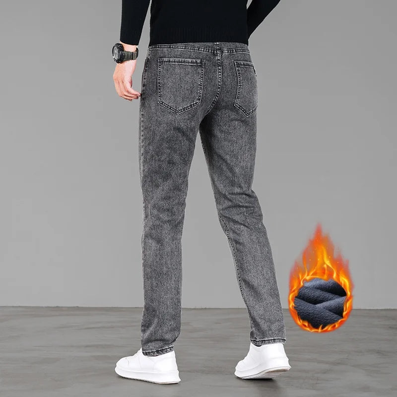 en’s winter fleece jeans, warm, loose straight fit casual and versatile