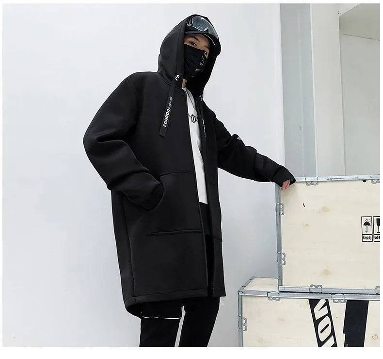 Men 5XL Hooded Long Jacket, Black & White, Hip Hop Streetwear
