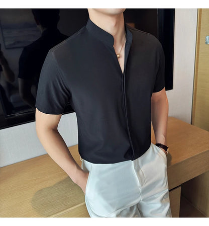 Men’s stand collar V-neck stretch shirt white fashion
