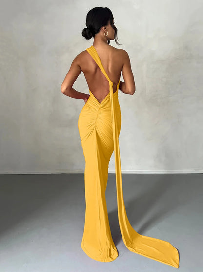 Hugcitar One Shoulder Backless Ruched Maxi Dress Women Y2K