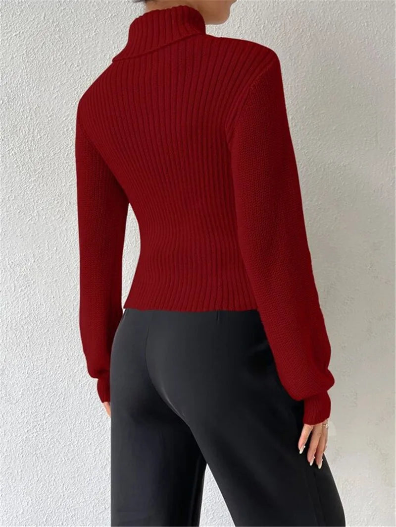 Sexy loose sweater with high neck and hollow design