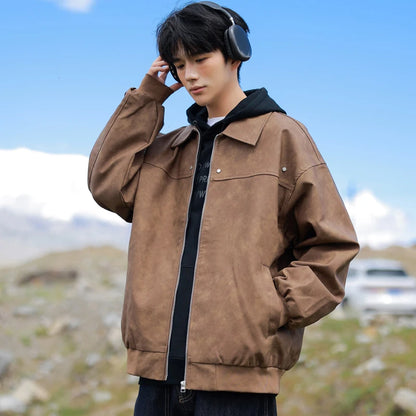 Men's Korean PU Leather Biker Jacket Brown Zipper Coat