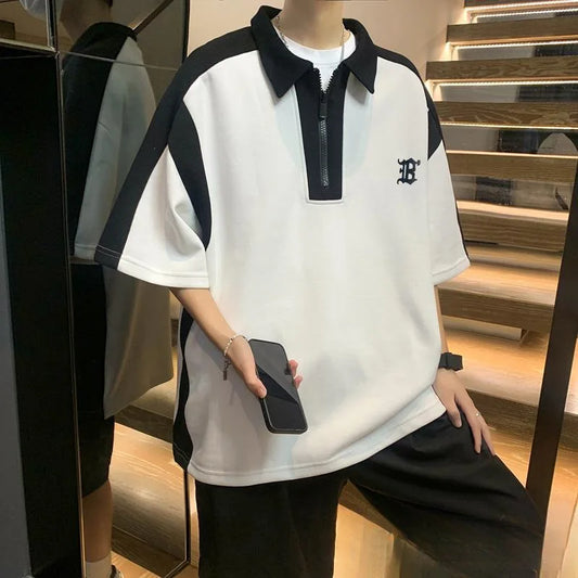 Men's Summer Polo Shirt Casual Loose Zipper Tee