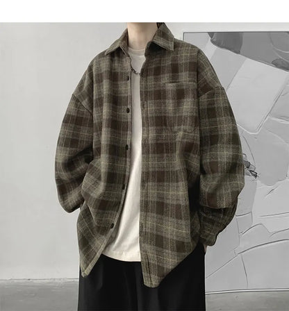 Vintage Korean Flannel Shirt Y2K Plaid Streetwear Winter