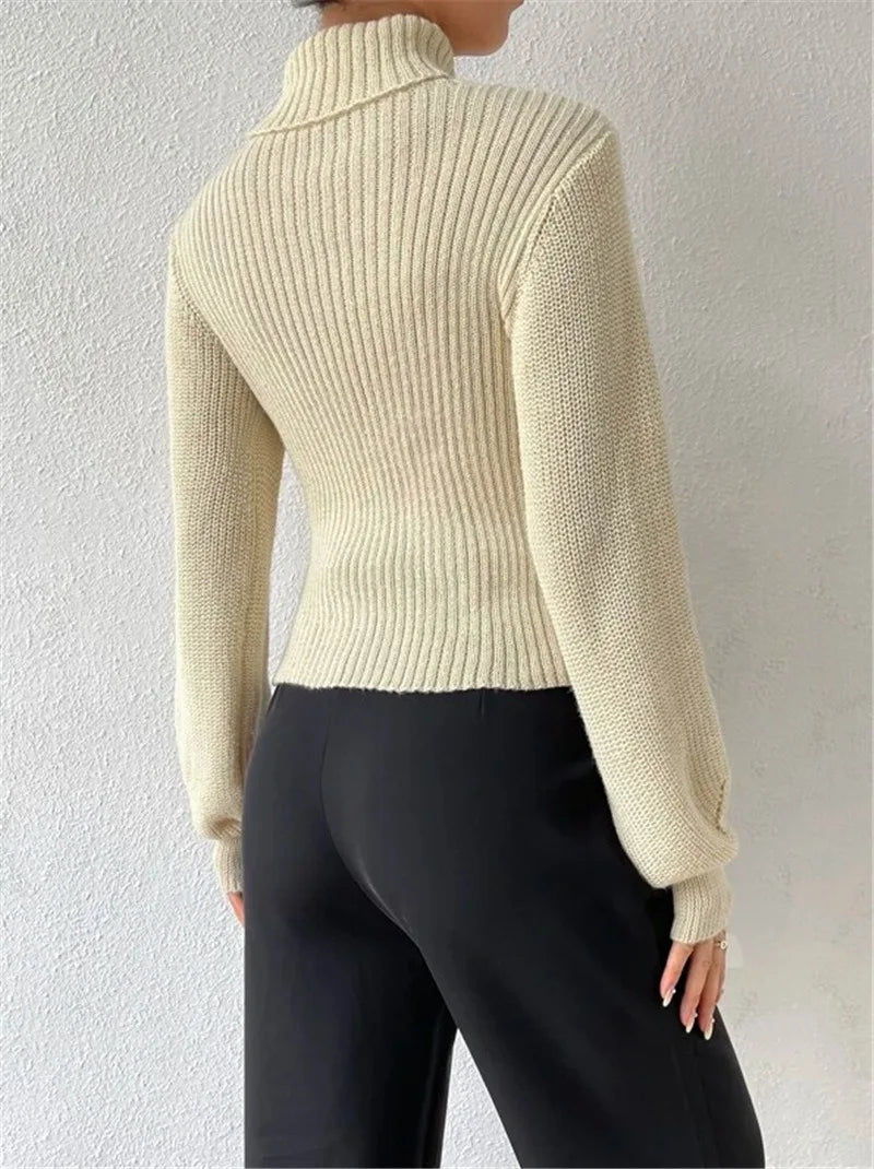 Sexy loose sweater with high neck and hollow design
