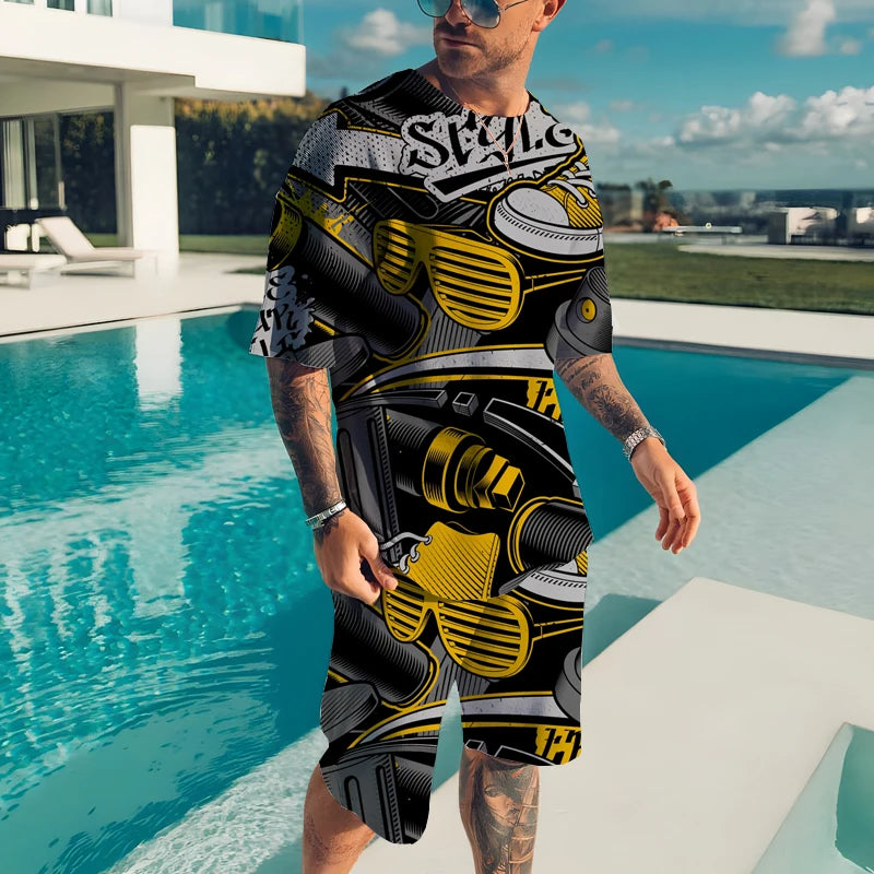 Men’s 2-Piece Summer Casual Set – 3D Print T-Shirt & Shorts