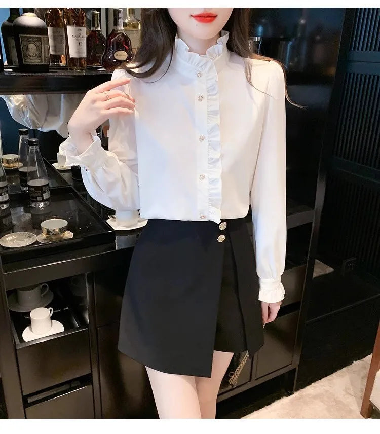 Elegant French style white women’s shirt, long sleeve top
