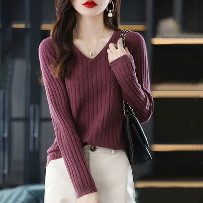 Women V-Neck Knitted Sweater Long Sleeve Top