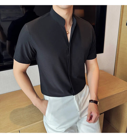 Men’s stand collar V-neck stretch shirt white fashion