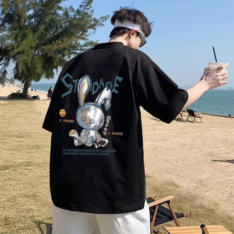 Men Oversize Rabbit Print Short Sleeve T-Shirt – Korean Trend