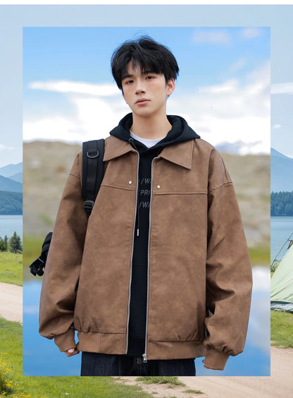 Men's Korean PU Leather Biker Jacket Brown Zipper Coat