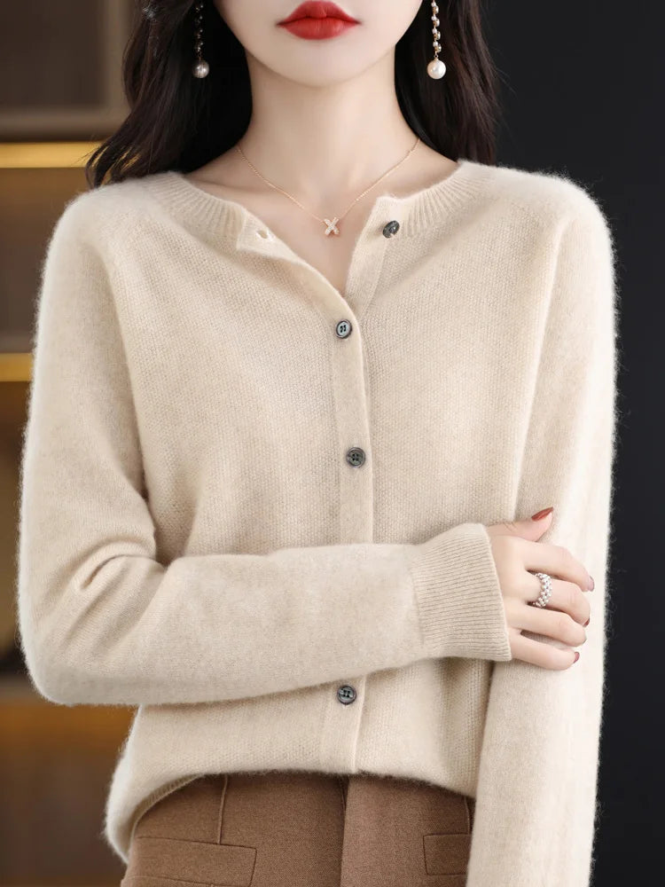 Women's Merino Wool O-Neck Cardigan 2024