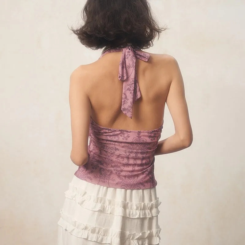 Karrcat Y2K Purple Halter Top – Harajuku Flower Print