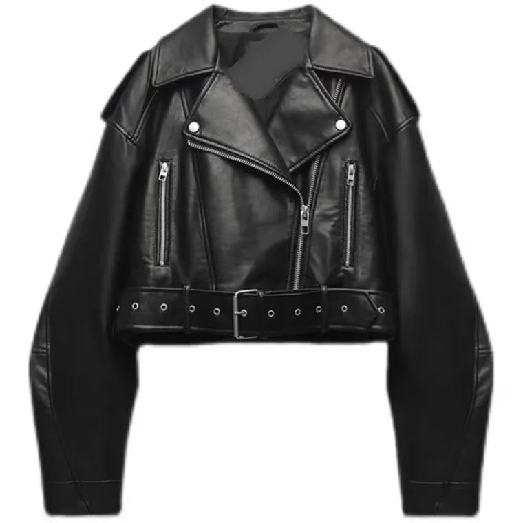 BBWM Women PU Leather Biker Jacket with Belt