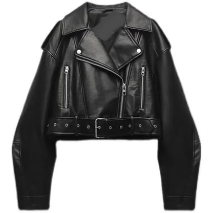 BBWM Women PU Leather Biker Jacket with Belt
