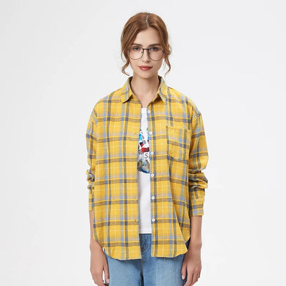 Women's plaid flannel shirt, loose fit, spring casual style