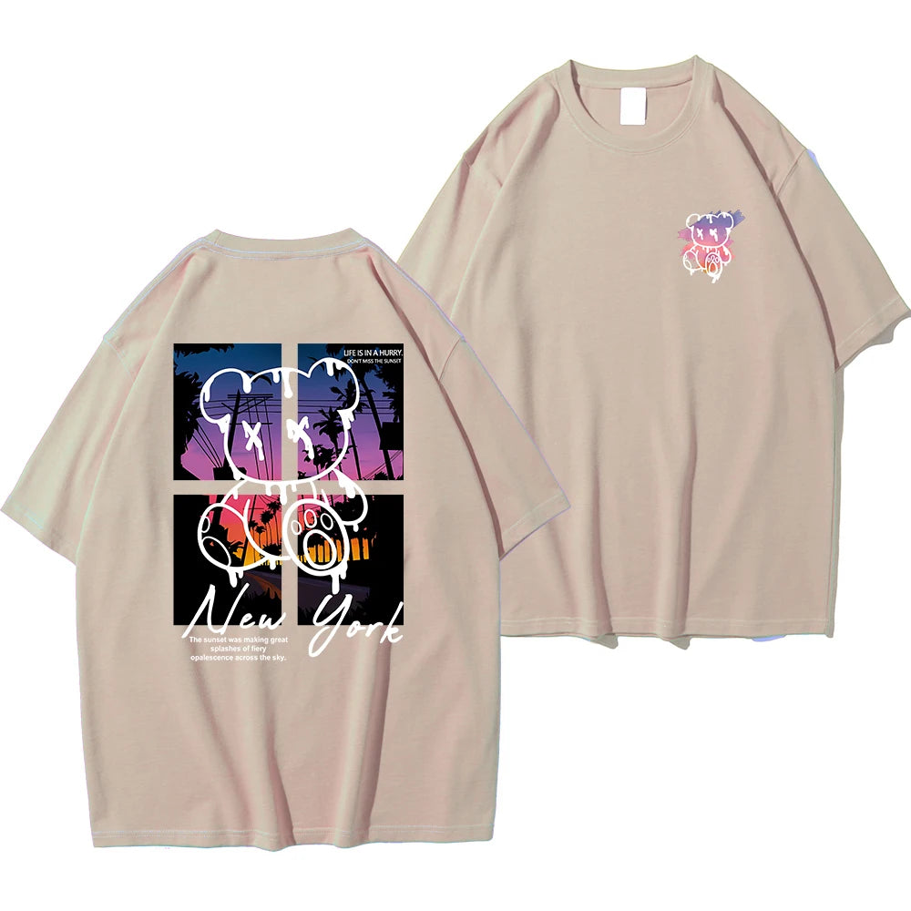 New York Art Cartoon Bear Sunset Cotton T-Shirt