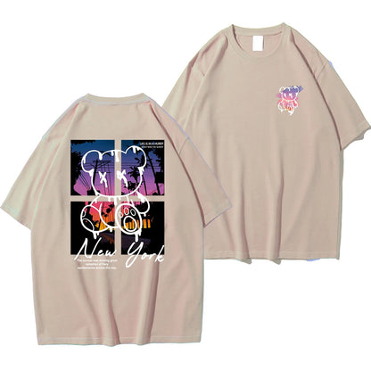 New York Art Cartoon Bear Sunset Cotton T-Shirt