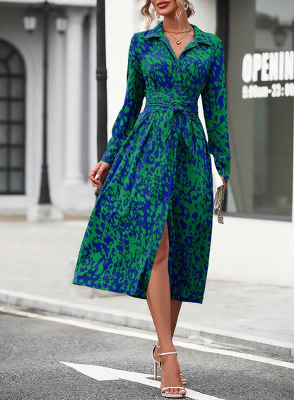 Elegant belted midi shirt dress, long sleeve, office casual