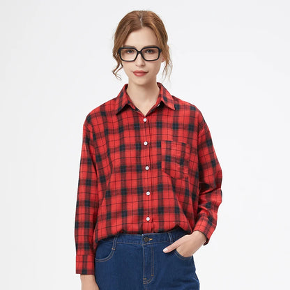 Women's plaid flannel shirt, loose fit, spring casual style