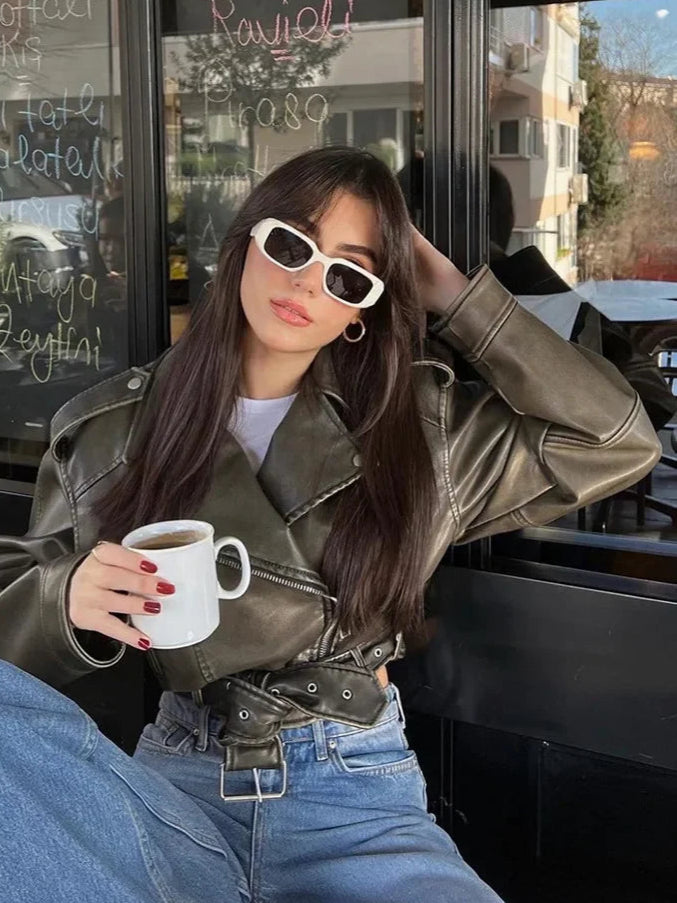 BBWM Women PU Leather Biker Jacket with Belt