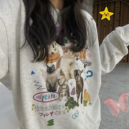 Milk Cat Graphic Sweatshirt for Women – Autumn Winter Streetwear