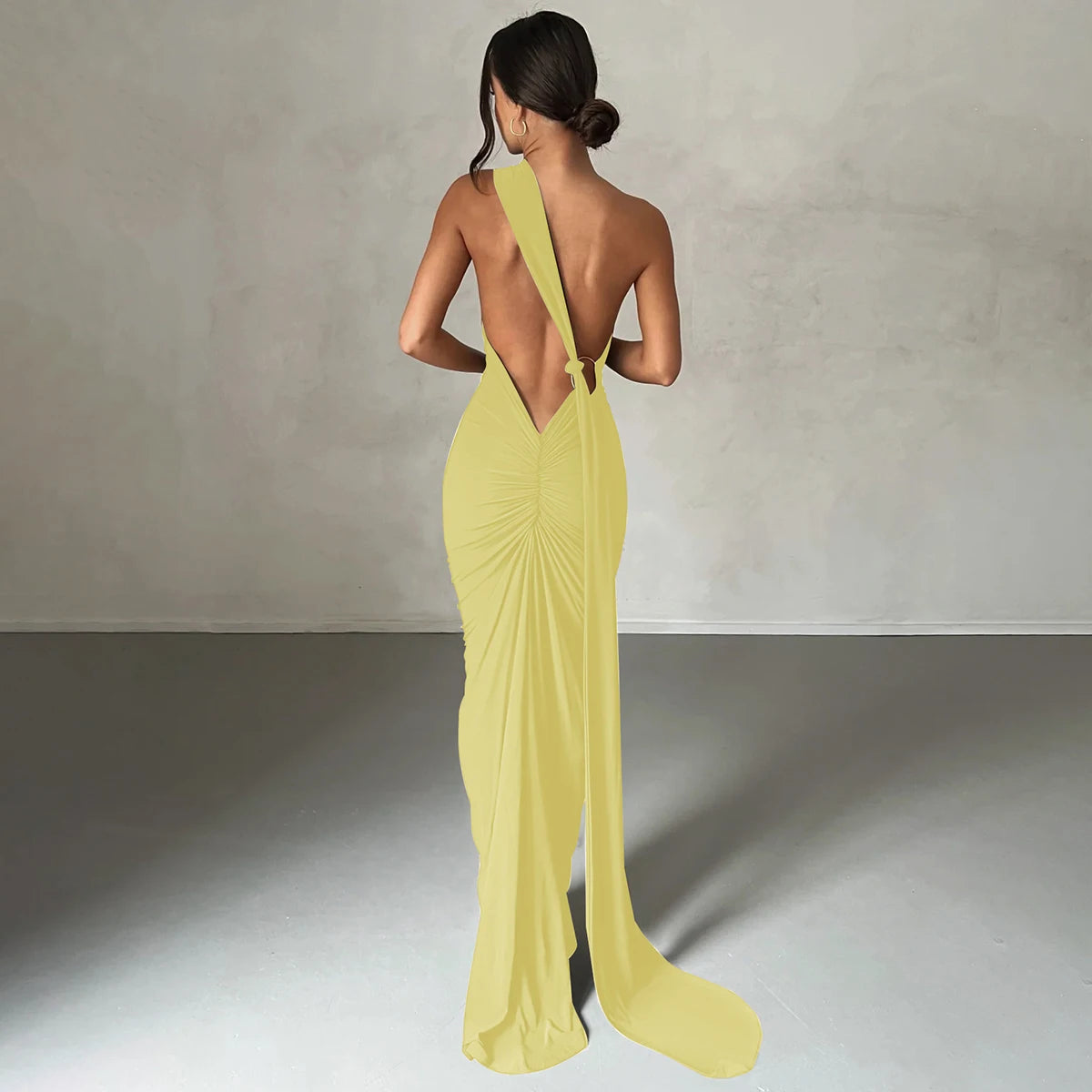 Hugcitar One Shoulder Backless Ruched Maxi Dress Women Y2K