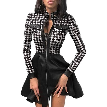 Women's PU Leather Long Sleeve Dress – Zipper Pocket, Stand Collar