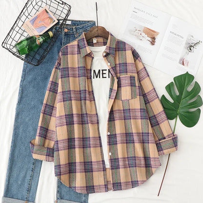 Women's plaid flannel shirt, loose fit, spring casual style
