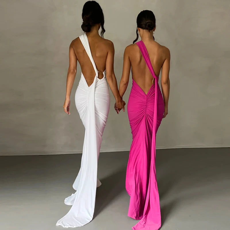 Hugcitar One Shoulder Backless Ruched Maxi Dress Women Y2K
