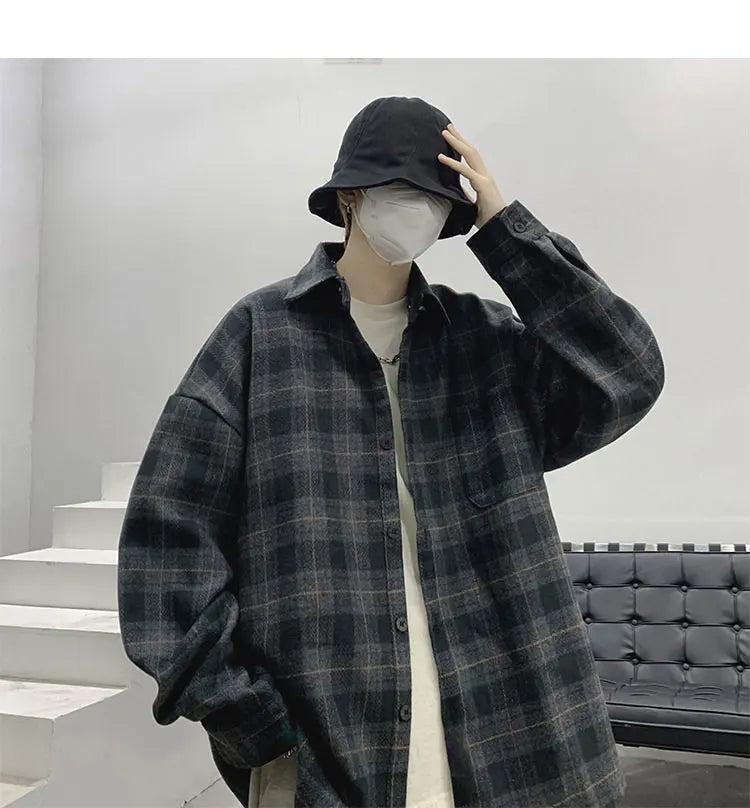 Vintage Korean Flannel Shirt Y2K Plaid Streetwear Winter