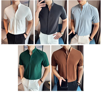 Men’s stand collar V-neck stretch shirt white fashion