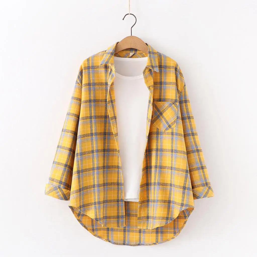 Women's plaid flannel shirt, loose fit, spring casual style
