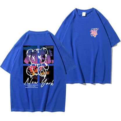 New York Art Cartoon Bear Sunset Cotton T-Shirt