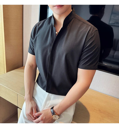 Men’s stand collar V-neck stretch shirt white fashion