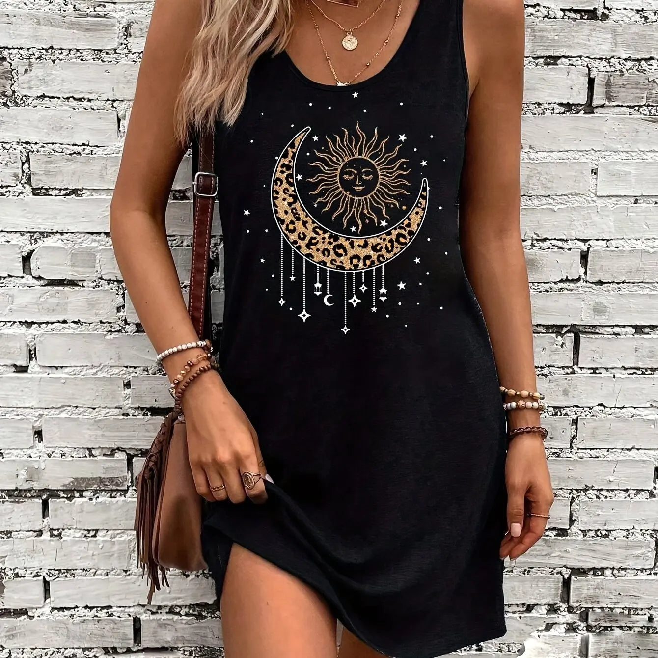 Sexy Summer Sleeveless Mini Dress – Black Print