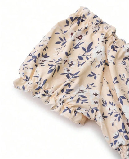 Women's Summer Floral Dress – Fluffy Cuffs & Pleated Waist