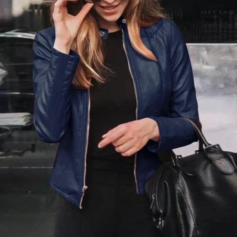 Women's Slim PU Leather Biker Jacket Classic Moto Coat