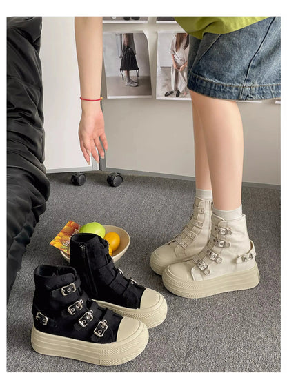 CHABELLA Women's High Top Canvas Shoes with Buckle, Zip, Street Style Comfort