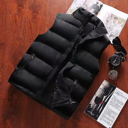 Men White Slim Vest Jacket Stand Collar Puffer Waistcoat