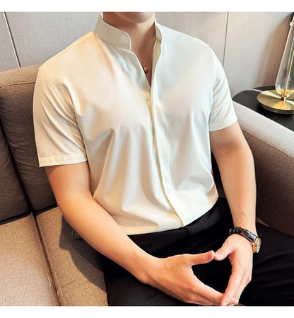 Men’s stand collar V-neck stretch shirt white fashion