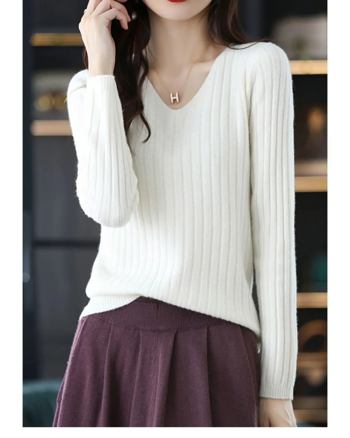 Women V-Neck Knitted Sweater Long Sleeve Top